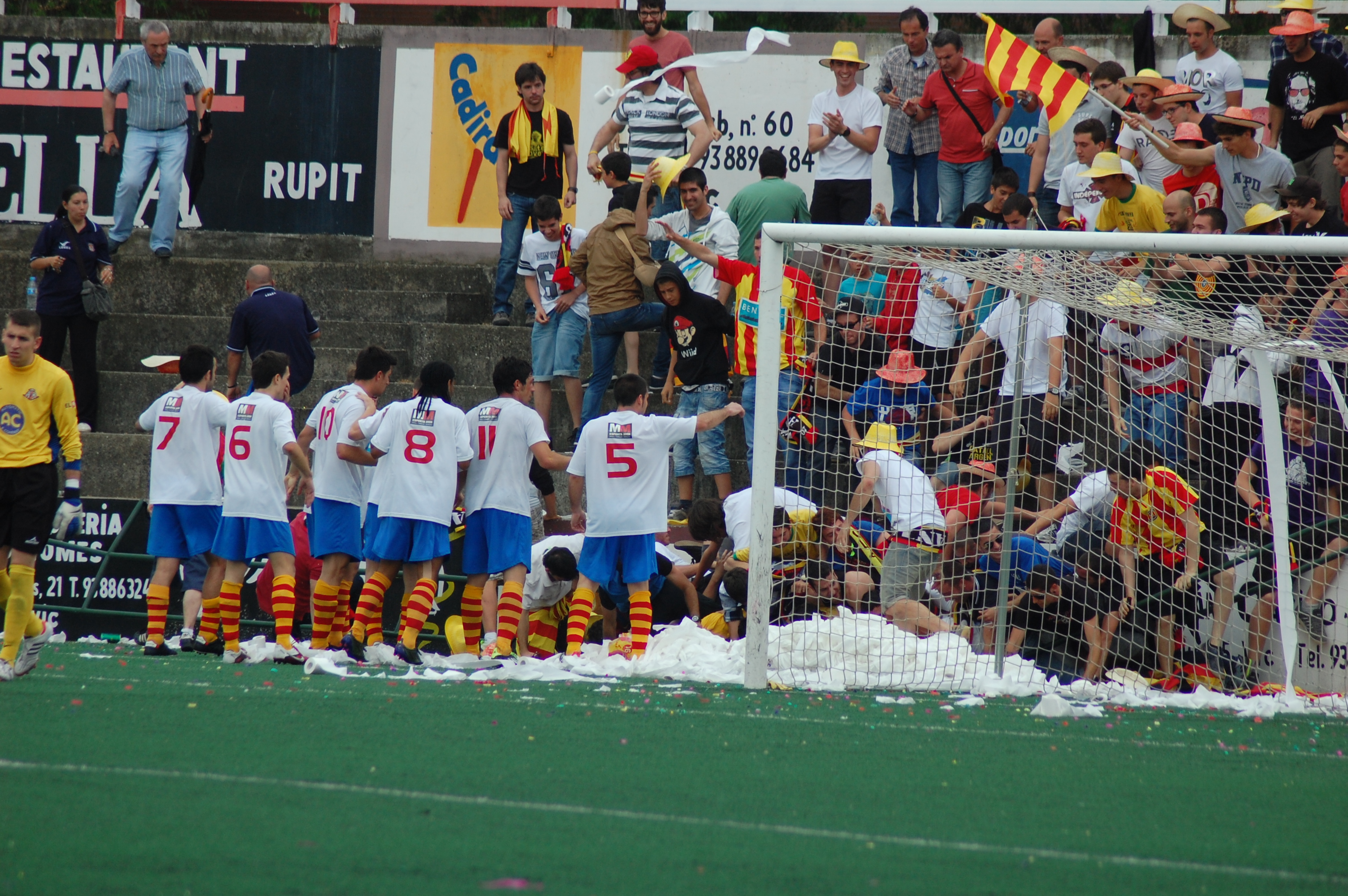 Moment en què l'afició del Manlleu cau obre la gespa amb els jugadors encara celebrant el gol. FOTO: Jordi de Planell.